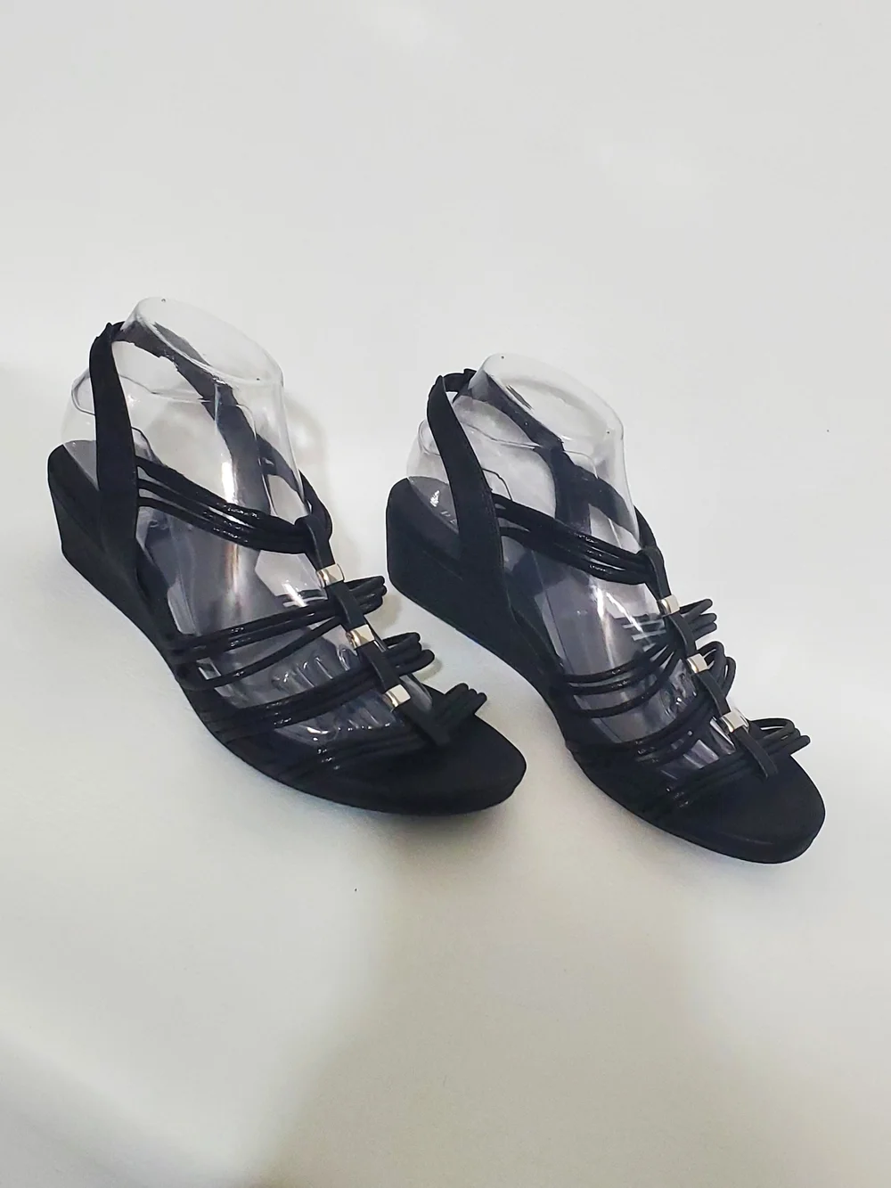 Pesaro Women's Black Strappy Slingback Wedge Sandals Metallic Accents Size 9 - Picture 4 of 10